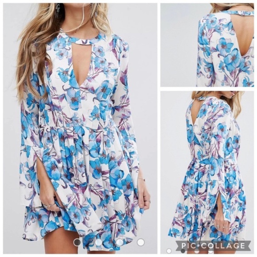 Free People Tegan Mini Dress Ivory Blue Flowers 0